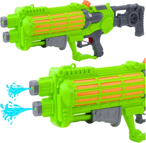 Nagy vízipisztoly, mechanikus pumpálással, dupla fúvóka, zöld, 1250 ml