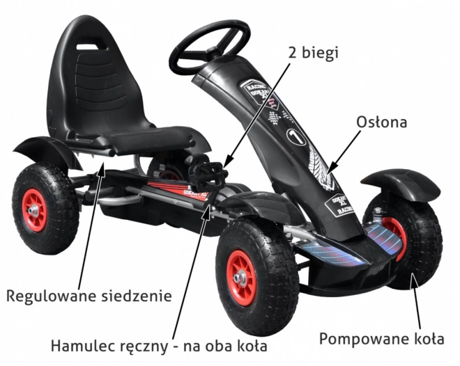 Verseny pedálos gokart XL gyerekeknek 3+ fekete + felfújható kerekek + állítható ülés + szabadonfutás