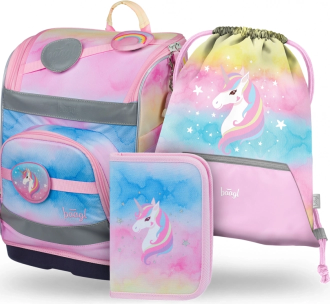 3 darabos BAAGL Zippy plus Rainbow Unicorn szett: iskolatáska, tolltartó és zsák