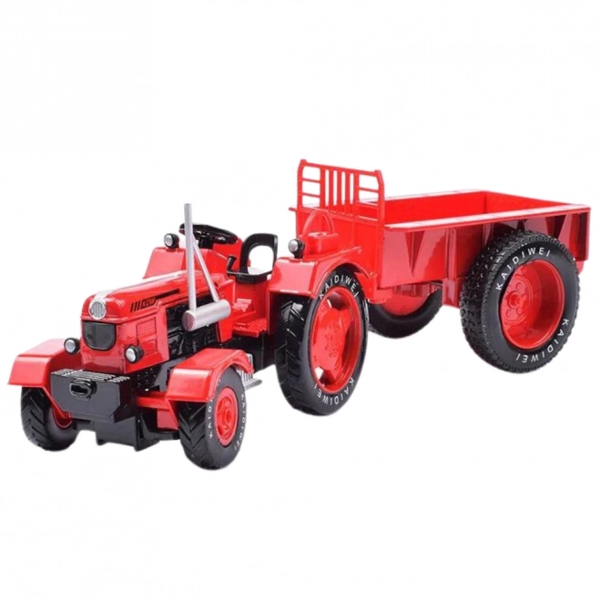 Fém piros traktor utánfutóval 1:18 méretarány