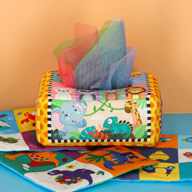 Montessori szenzoros doboz színes zsebkendőkkel és állatokkal