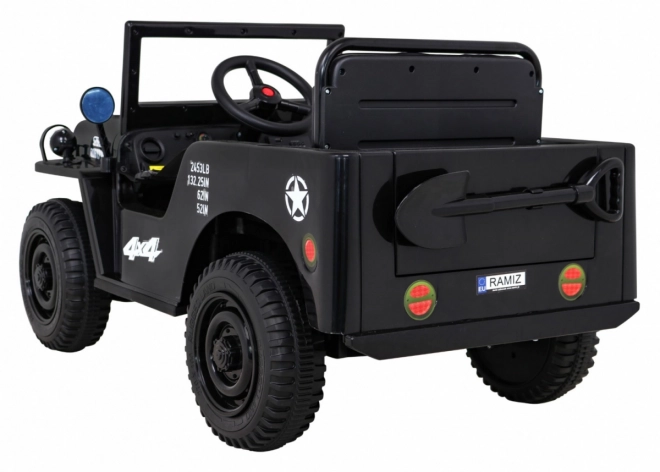 Retro katonai autó gyerekeknek fekete + 4x4 hajtás + távirányító + 2 csomagtartó + lassú indulás + MP3 LED