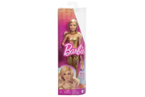 Barbie modell baba arany kezeslábasban