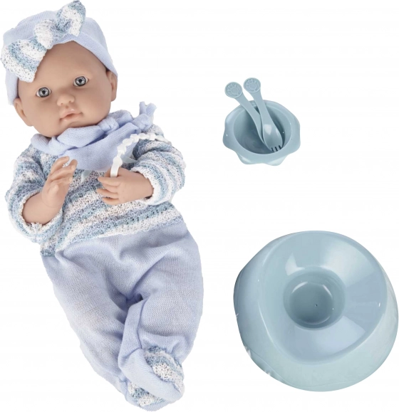 baba kék overállban, 40 cm, kiegészítőkkel