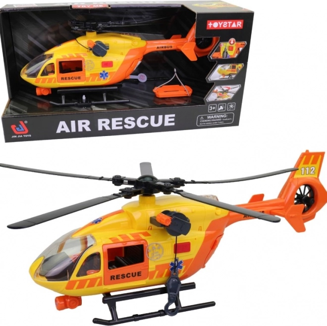 Mentő helikopter fénnyel és hanggal, működő csörlővel és rotorral