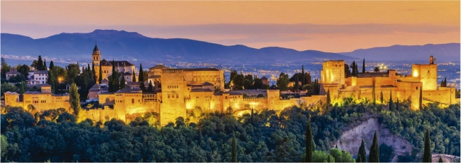 Panorámás puzzle naplemente Spanyolországban: Alhambra Granada 1000 darab