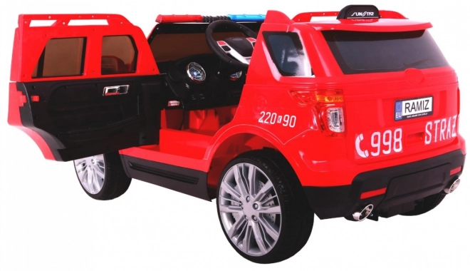 Gyermek tűzoltó SUV akkumulátorral + szirénák + fények + megafon + távirányító + lassú indítás + matricák