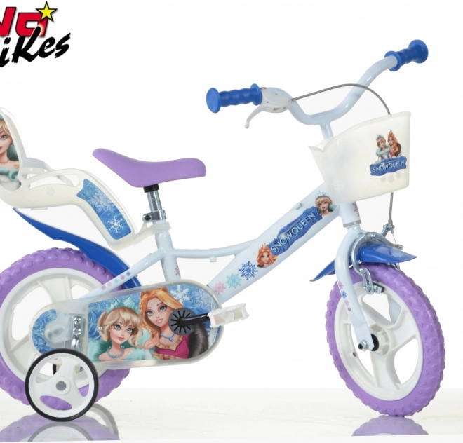 Dino Bikes 12-es gyermekkerékpár Hókirálynő, kosárral és babának való üléssel