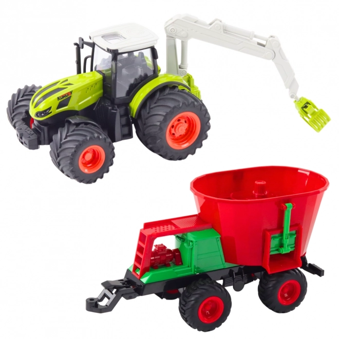 Nagy távirányítós traktor vetőgéppel és forgó markolóval