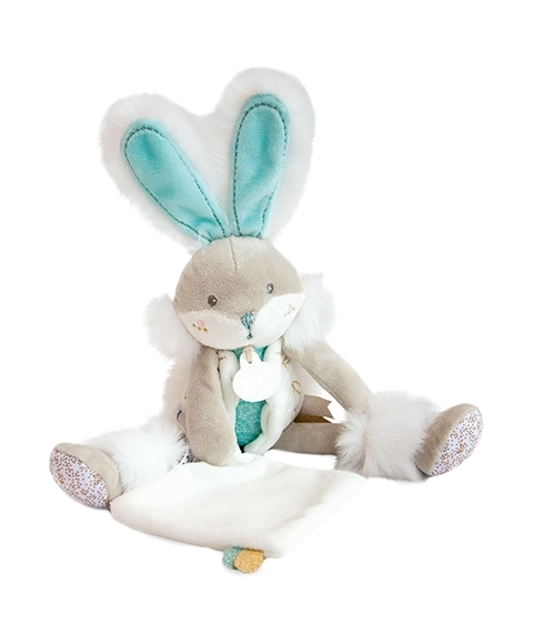 Doudou ajándékszett – plüss nyuszi takaróval, 31 cm, türkiz