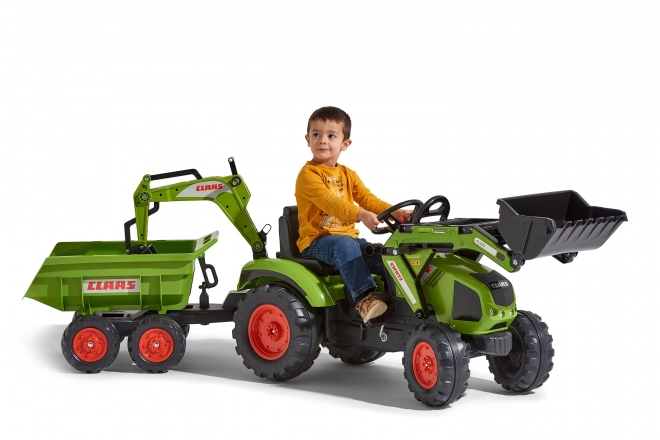 Claas Axos pedálos traktor - elülső és hátsó kanalazóval + pótkocsival