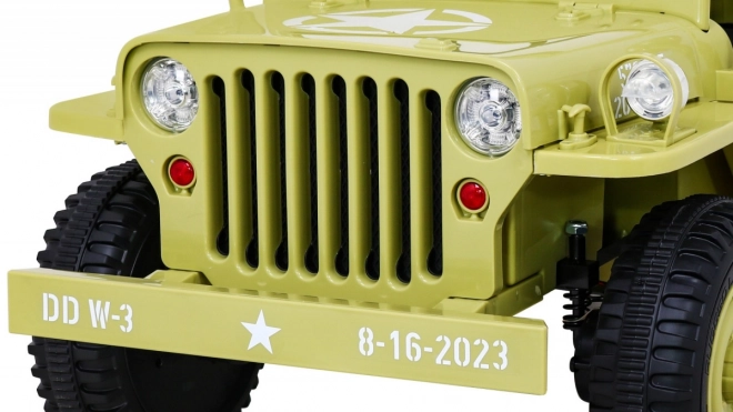 Retro katonai gyerekautó bézs + 4x4 meghajtás + távirányítás + 2 csomagtartó + lassú indulás + MP3 LED