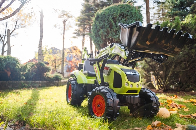 Claas Axos pedálos traktor - elülső és hátsó kanalazóval + pótkocsival