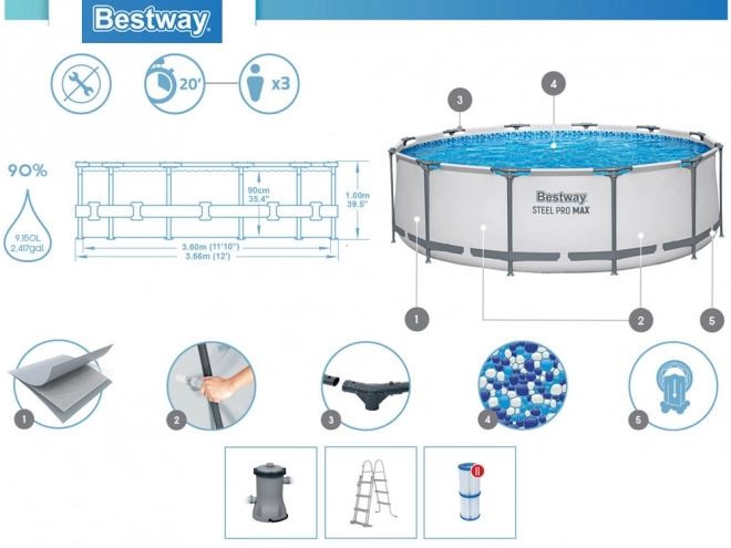 Stabil kerti medence, Bestway vázszerkezettel, átmérője 366 cm