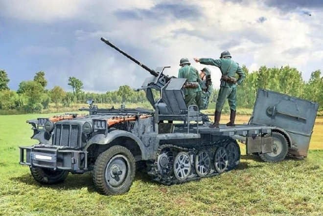 Katonai járműmodell Sd.Kfz 10/4 Flak 30-cal és legénységgel 1/35