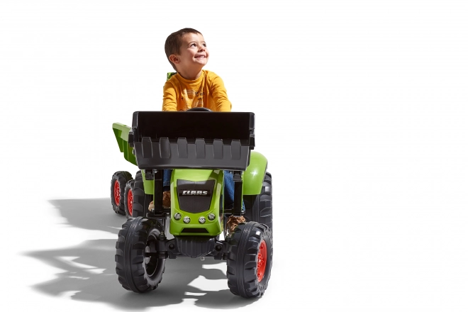 Claas Axos pedálos traktor - elülső és hátsó kanalazóval + pótkocsival