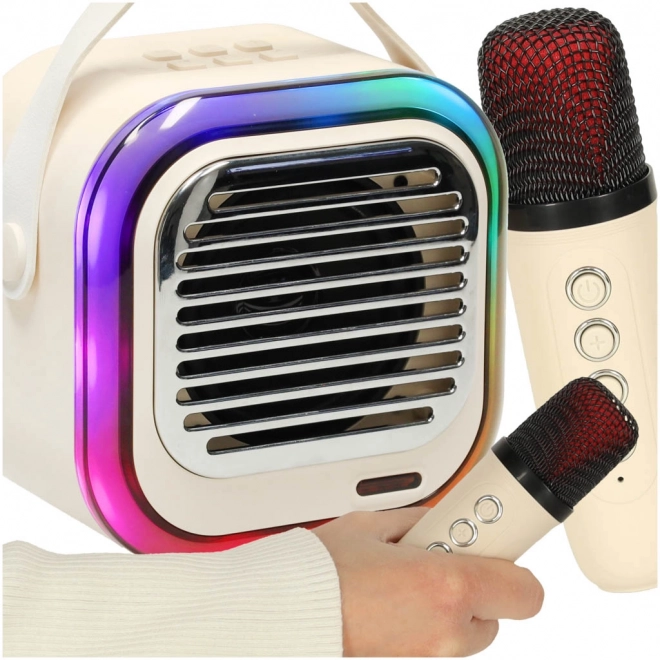 Karaokeszett 10 W-os Bluetooth hangszóróval, 2 vezeték nélküli mikrofonnal és RGB LED-del – krémszínű