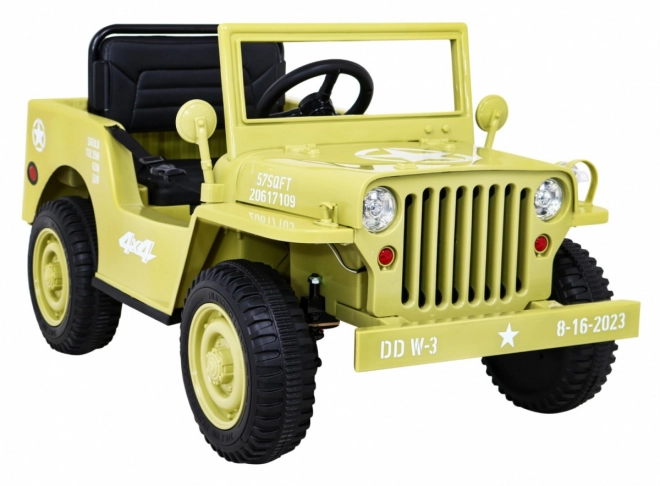 Retro katonai gyerekautó bézs + 4x4 meghajtás + távirányítás + 2 csomagtartó + lassú indulás + MP3 LED