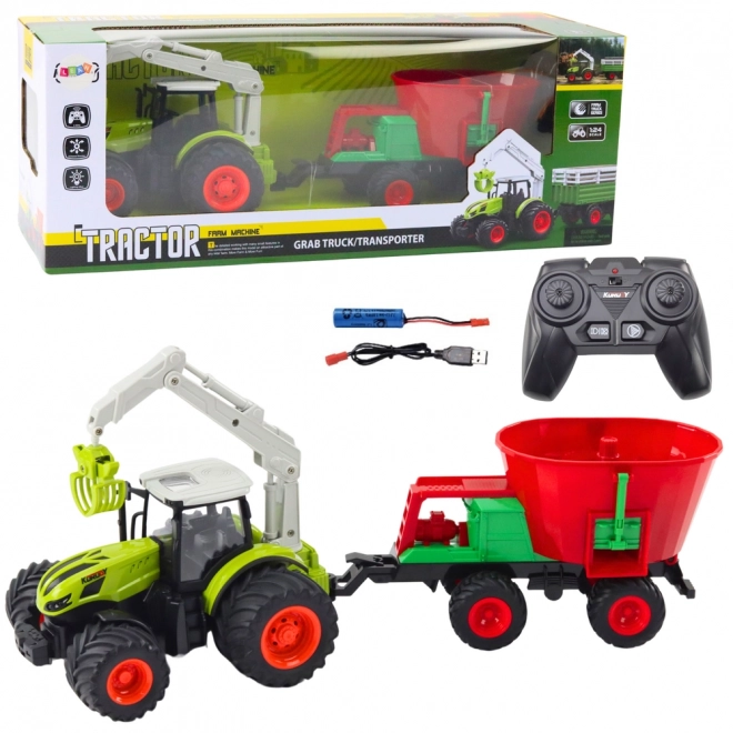 Nagy távirányítós traktor vetőgéppel és forgó markolóval