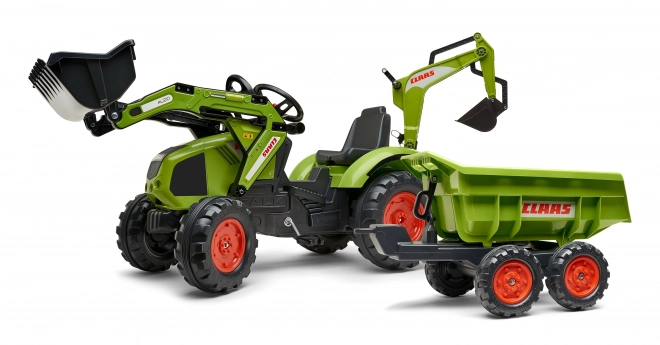 Claas Axos pedálos traktor - elülső és hátsó kanalazóval + pótkocsival