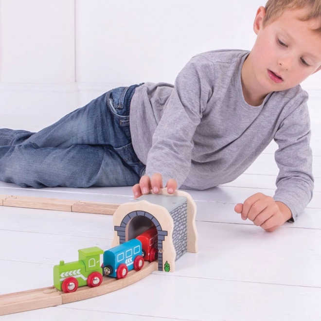 Bigjigs rail fa vonatalagút kőépület formában