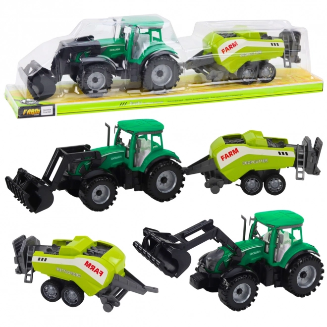 Zöld traktor rakodóval és kompatibilis bálázóval