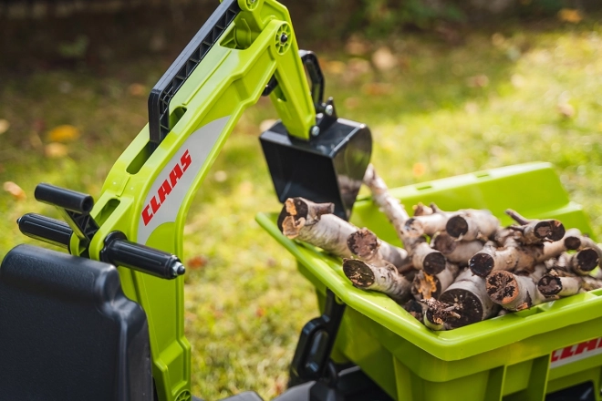 Claas Axos pedálos traktor - elülső és hátsó kanalazóval + pótkocsival