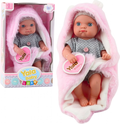 Textil baba kisbaba szürke pizsamában, rózsaszín nyuszifüles takaróval, 23 cm