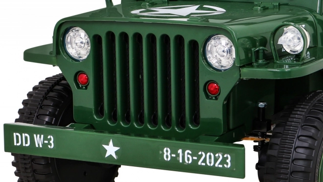 Retro katonai autó gyerekeknek zöld + 4x4 hajtás + távirányítás + 2 poggyásztartó + lassú indítás + MP3 LED