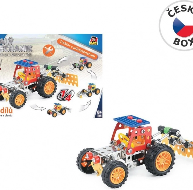 Kis szerelő traktor tartozékokkal
