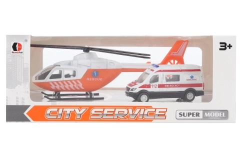 Fém mentőautó és helikopter