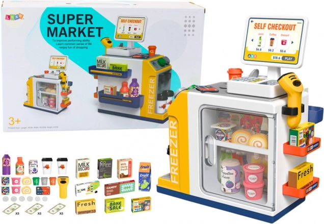 Gyermek szupermarket pénztárral és fénnyel-hanggal működő szkennerrel