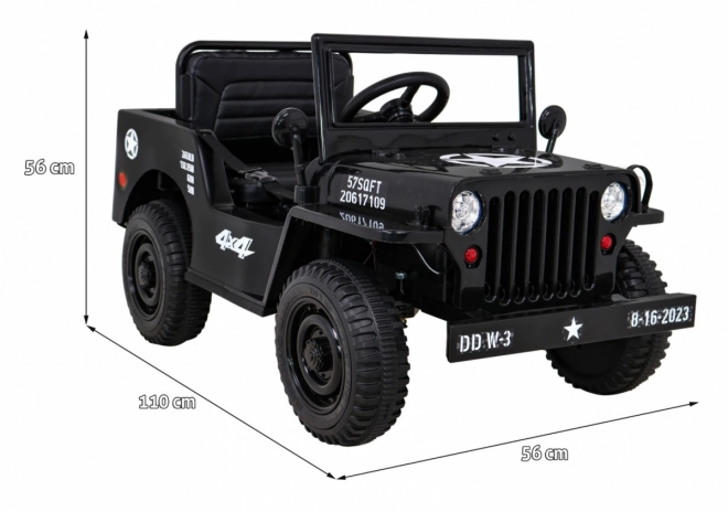 Retro katonai autó gyerekeknek fekete + 4x4 hajtás + távirányító + 2 csomagtartó + lassú indulás + MP3 LED