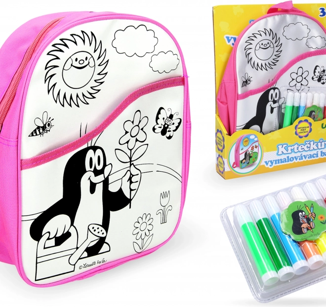 Színezhető hátizsák rózsaszín Kisvakond mintával, 30 cm és 8 filctoll