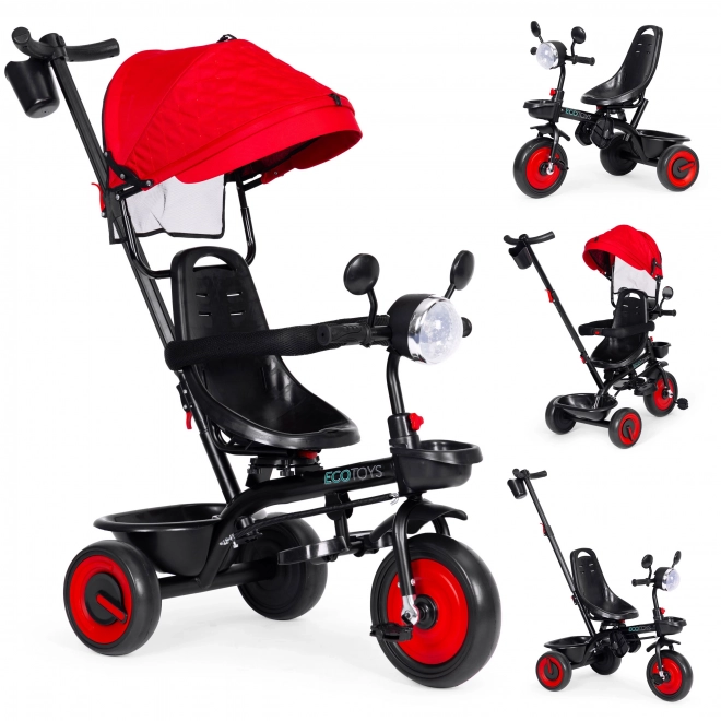 3 az 1-ben gyerek tricikli babakocsi forgatható üléssel, napellenzővel, piros, ECOTOYS