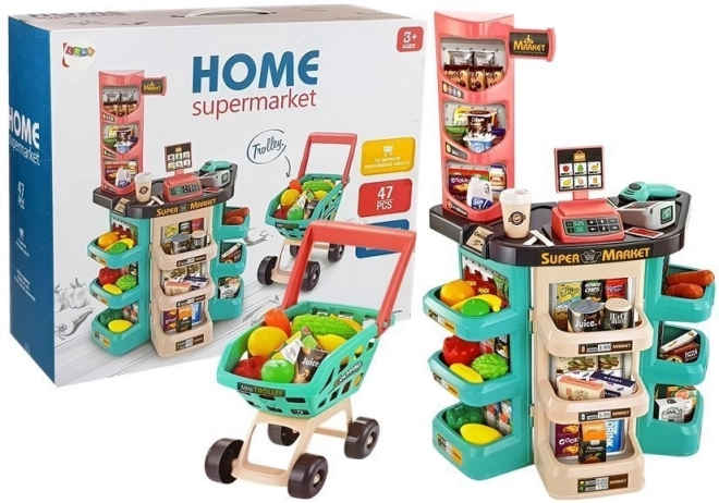 Szupermarket játékkészlet kocsi, mérő, kártyaolvasó és szkenner