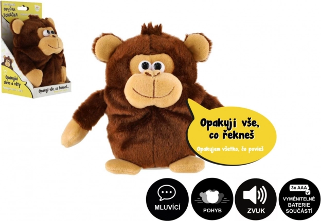 Plüss majmocska Toncsika, mondatokat ismétlő, 18 cm, hanggal