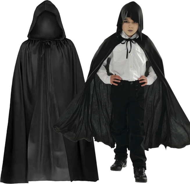 Gyerek fekete köpönyeg kapucnival Halloweenre és farsangra