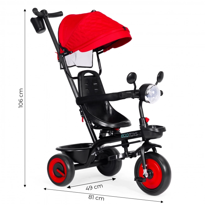 3 az 1-ben gyerek tricikli babakocsi forgatható üléssel, napellenzővel, piros, ECOTOYS