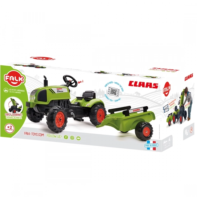 Falk pedálos traktor Claas Arion utánfutóval és nyitható motorháztetővel