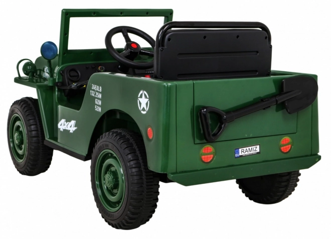 Retro katonai autó gyerekeknek zöld + 4x4 hajtás + távirányítás + 2 poggyásztartó + lassú indítás + MP3 LED