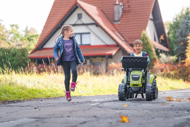 Claas Axos pedálos traktor - elülső és hátsó kanalazóval + pótkocsival