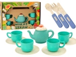 Gyerek edénykészlet csészékkel, tányérokkal, evőeszközökkel és kannával 22 darab