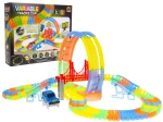 Fluoreszkáló versenypálya 3+ éves gyerekeknek rugalmas elemekkel, 157 darab, LED-es autó és 360°-os hurkok