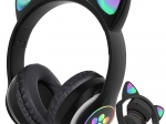 Vezeték nélküli fülhallgató cica fülekkel és LED háttérvilágítással, Bluetooth, FM rádió és MP3