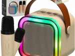 Karaoke szett bluetooth hangszóróval, 2 mikrofonnal és 6 W LED háttérvilágítással – bézs