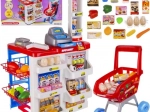 gyermek szupermarket szkennerrel, mérleggel és bevásárlókocsival