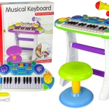 Gyermek elektronikus zongora mikrofonnal és székkel – kék