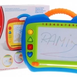 Vidám mágneses rajztábla 3+ éves gyerekeknek stylusszal és 4 bélyegzővel, négyszínű rajzolás