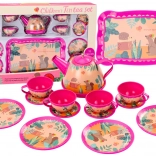 Rózsaszín kávé- és teaszett gyerekeknek tálcával, kancsóval és csészékkel, 15 darab